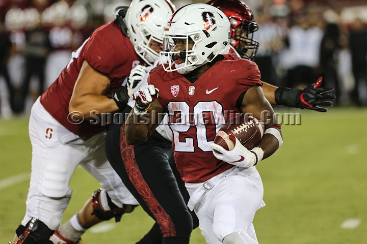 20180831SanDiegoatStanford-14.JPG - Stanford Cardinal running back Bryce Love (20) was limited to 29 yards rushing during an NCAA football game against the San Diego State Aztecs in Stanford, Calif. on Friday, August 31, 2017. Stanford defeated San Diego State 31-10. 